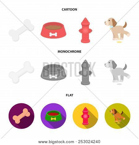 A Bone, A Fire Hydrant, A Bowl Of Food, A Pissing Dog.dog Set Collection Icons In Cartoon, Flat, Mon