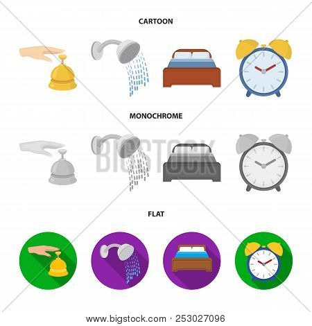 Call At The Reception, Alarm Clock, Bed, Shower.hotel Set Collection Icons In Cartoon, Flat, Monochr