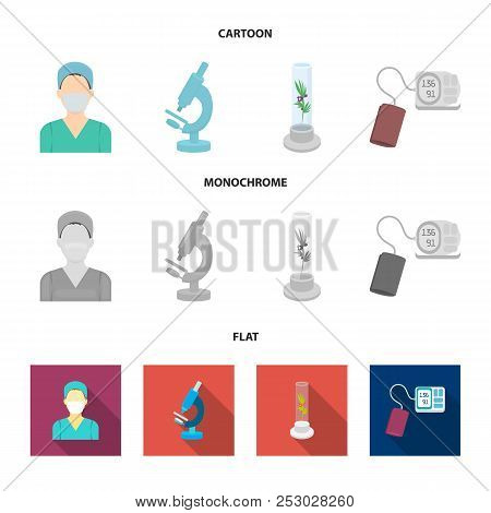 Plant In Vitro, Nurse, Microscope, Tonometer. Medicine Set Collection Icons In Cartoon, Flat, Monoch