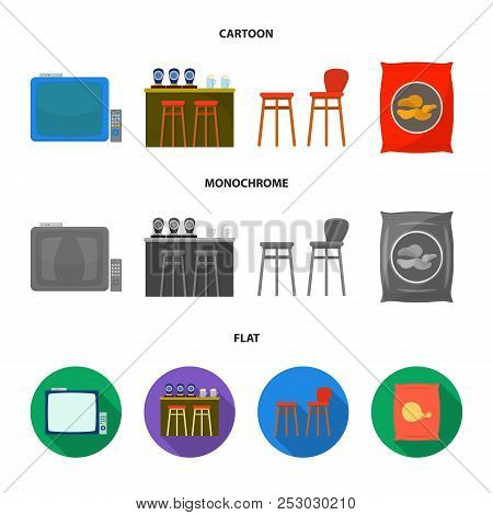 Tv, Bar Counter, Chairs And Armchairs, Potato Chips.pub Set Collection Icons In Cartoon, Flat, Monoc