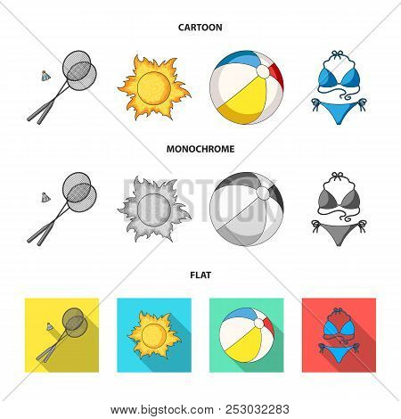 A Game Of Badminton, A Ball And The Sun.summer Vacation Set Collection Icons In Cartoon, Flat, Monoc
