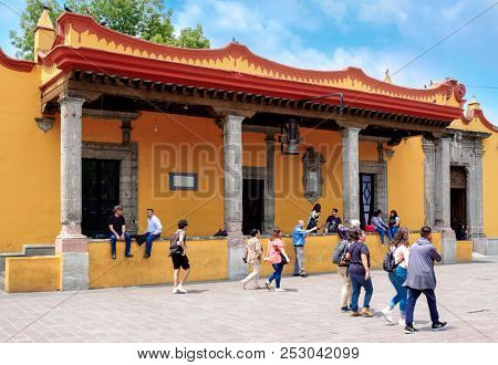 MEXICO CITY,MEXICO - DECEMBER JULY 13,2018 : The colonial Town Hall at Coyoacan in Mexico City, known as the house of Hernan Cortes