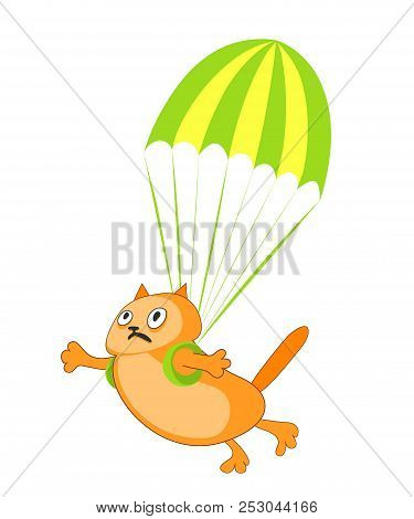 Ginger Cat Makes A Jump With A Parachute. Vector Color Cartoon Image.