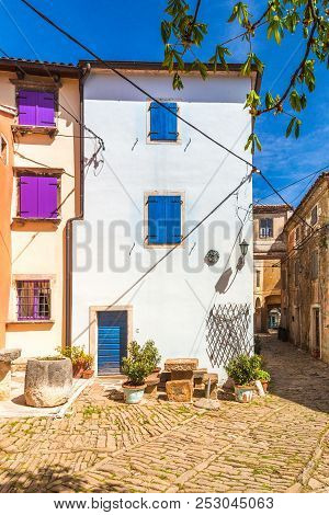Ancient Colorful Houses On A Stone Street In Groznjan Village, I