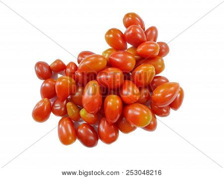 Top View Of Cherry Tomatoes Isolated On White Background (solanum Lycopersicum Var. Cerasiforme)