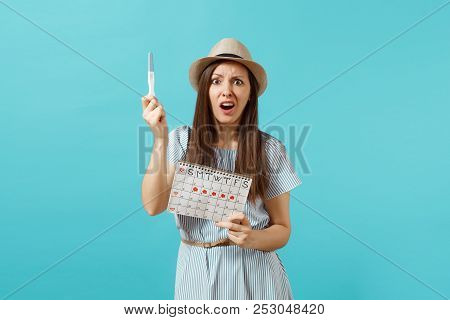 Shocked Sad Woman In Blue Dress, Hat Hold In Hand Pregnancy Test, Periods Calendar For Checking Mens