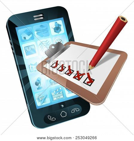 Mobile Phone Survey Concept Of A Clipboard With Ticks And Crosses Flying Out Of A Mobile Phone