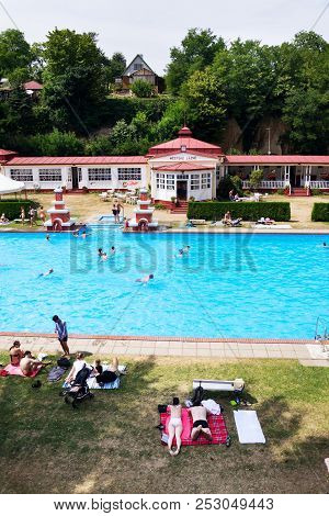 Mseno, Czech Republic - July 22 2018: People Swimming In Art Deco Mestske Lazne - City Baths On July