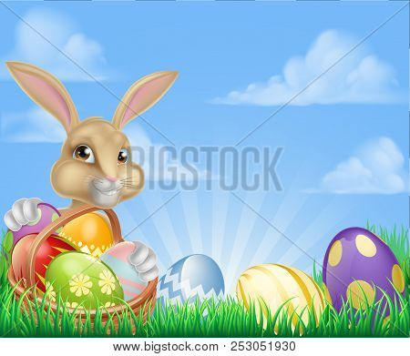 Easter Scene With Easter Bunny With A Basket Full Of Decorated Chocolate Easter Eggs In A Field