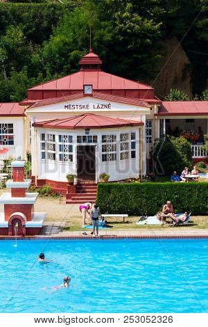 Mseno, Czech Republic - July 22 2018: People Swimming In Art Deco Mestske Lazne - City Baths On July