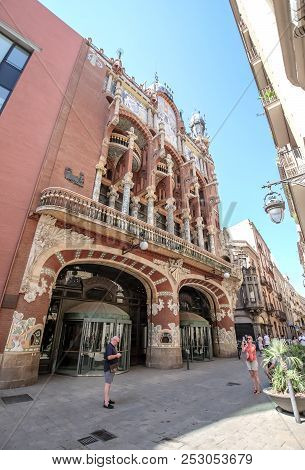 Barcelona, Spain- July 17, 2018: Facade Of Palace Of Catalan Music. Palace Of Catalan Music Is A Con