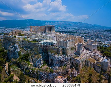 Amasing Aerial View To The Parthenon Temple At The Acropolis Of Athens, Greece. Drone Photography