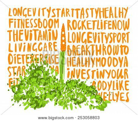 Illustration Of The Concept Of A Healthy Lifestyle. Carrots With A Halms, Taking Off Like A Rocket W