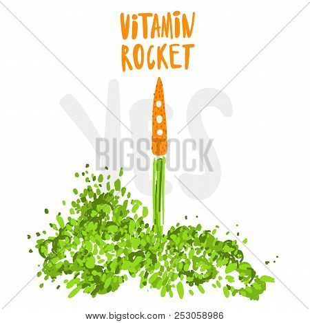 Illustration Of The Concept Of A Healthy Lifestyle. Carrots With A Halms, Taking Off Like A Rocket W