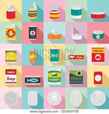 Tin Can Food Package Jar Icons Set. Flat Illustration Of 25 Tin Can Food Package Jar Icons For Web