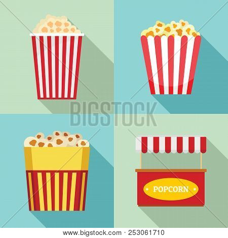 Popcorn Cinema Box Striped Icons Set. Flat Illustration Of 4 Popcorn Cinema Box Striped Icons For We