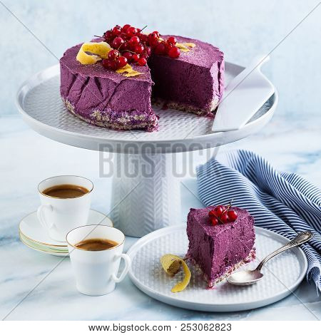 Raw Vegan Cake From Cashew Nuts And Blueberries. Healthy Sweets.