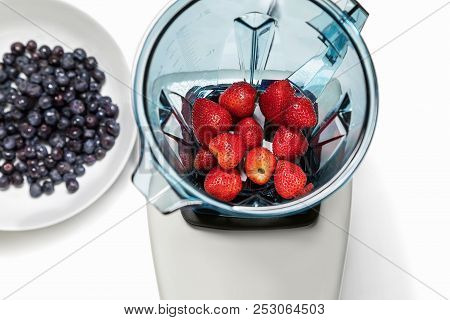 Series Of Shots. Photo 3. Strawberry In A Blender, Top View.