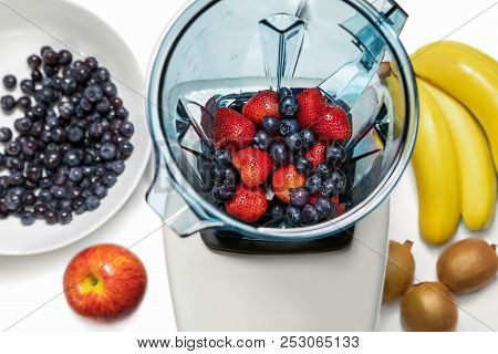 Series Of Shots. Photo 6. Blender In A Top View, With Ingredients For A Smoothie. In This Series We 