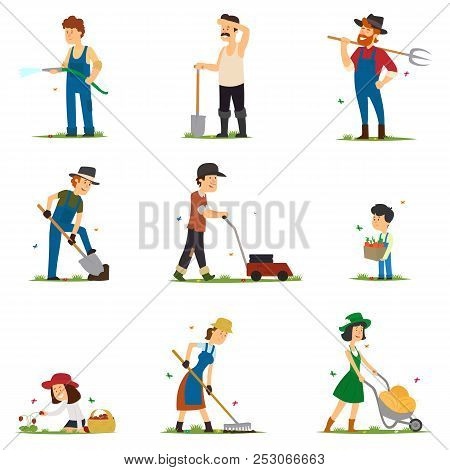 Adults And Children Work On The Farm. People Are Engaged In Farming. Vector