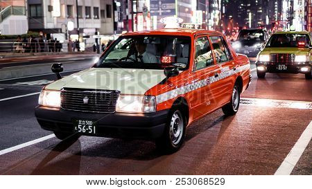 Shinjuku, Tokyo / Japan - March 26, 2018: Taxi In The Streets Of Tokyo During Night.