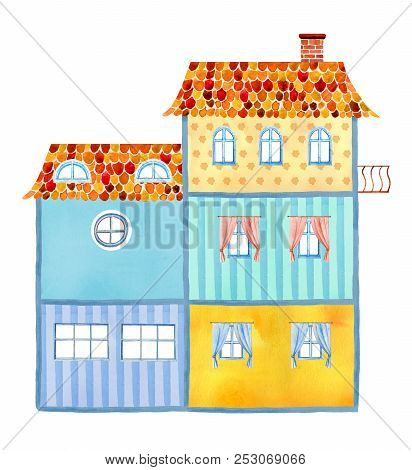 Inside View Of Big Empty Cartoon Paper Doll Housse. Hand Drawn  Watercolor Illustration On White Bac