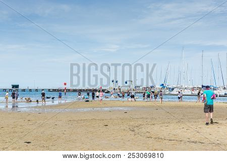 Melbourne, Australia - February 18, 2018: People And Dogs Enjoying Sandown Street Dog Beach, A Popul