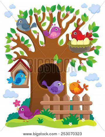 Tree With Stylized Birds Theme Image 1 - Eps10 Vector Picture Illustration.