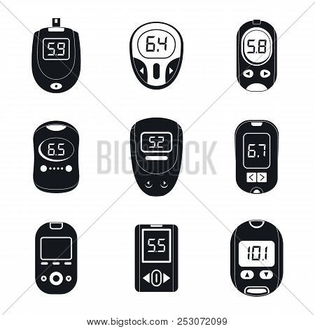 Glucose Meter Sugar Blood Test Device Icons Set. Simple Illustration Of 9 Glucose Meter Sugar Blood 