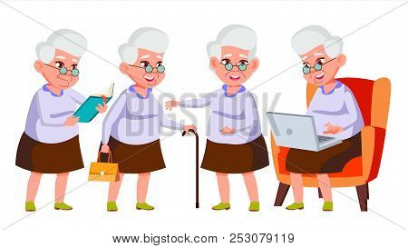Old Woman Poses Set Vector. Elderly People. Senior Person. Aged. Active Grandparent. Joy. Presentati