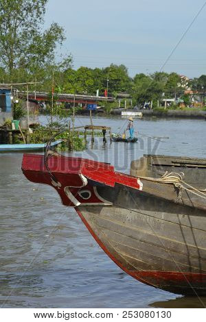 Phong Dien, Vietnam - December 31st 2017. The Painted Bow Of A Boat On The River At The Phong Dien F