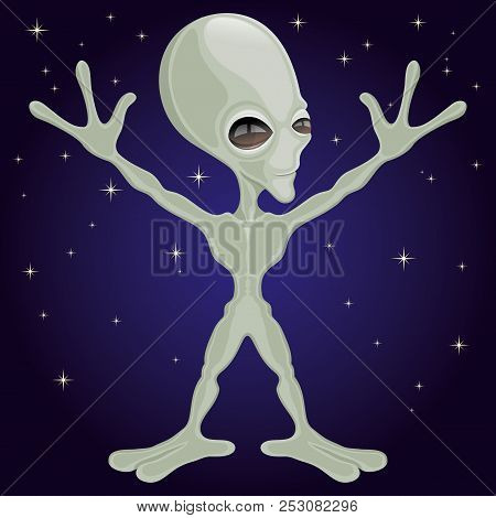 Cute Green Alien Extraterrestrial On A Cosmic Background.