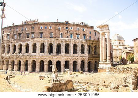 Rome, Italy - September 12, 2017: Exterior View Of Ancient Roman Marcellus Theater Building. Theatre
