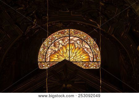Rome, Italy - September 12, 2017: Stained Glass Window In Basilica Of Santa Maria In Aracoeli. Detai