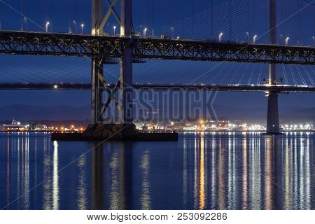 Road Bridges Over Firth Of Forth Near Queensferry In Scotland