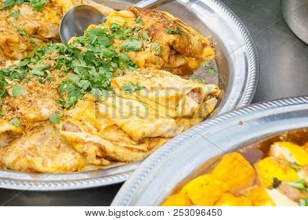 Omlets In The Stainless Steel Plate In Thailand Local Market Ready To Be Sold
