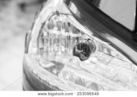 Broken Left Rear Signal Light Of Car, Still Have Some Glass Pieces In Black And White