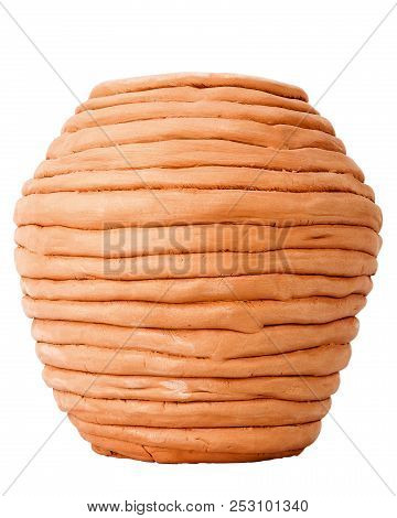 Unglazed Handmade Coiled Pottery Pot Made Of Red Clay Isolated On White Background. Teracota Vase. P