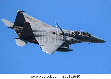 Lakenheath, Uk - Jul 12, 2018: Us Air Force F-15e Strike Eagle Bomber Jet Airplane In Flight Over Ra