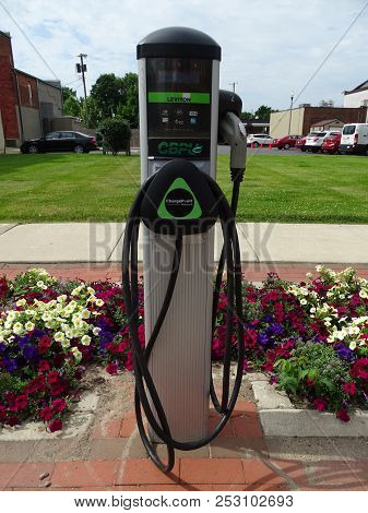Coldwater, Michigan/united States-july 5, 2018:  A Single Charging Point For An Electric Vehicles In