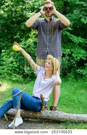 Observing Nature Concept. Couple Ornithologists Expedition In Forest. Couple Enjoy Hike In Forest Ob
