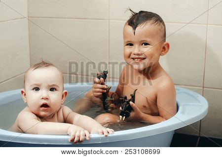 Children, Brother And Sister In The Bathroom