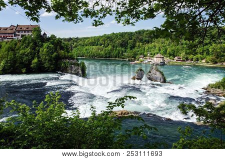 The Rhine Falls On The Upstream. Landscape.