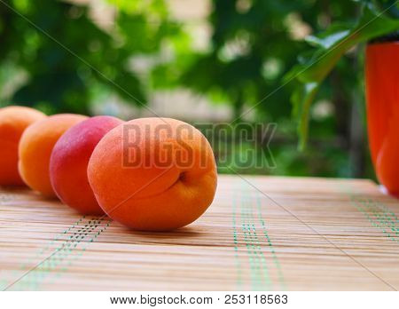Apricots Arranged In A Series On A Bamboo Placemat, With Blurred Garden And Potted Plant Background.