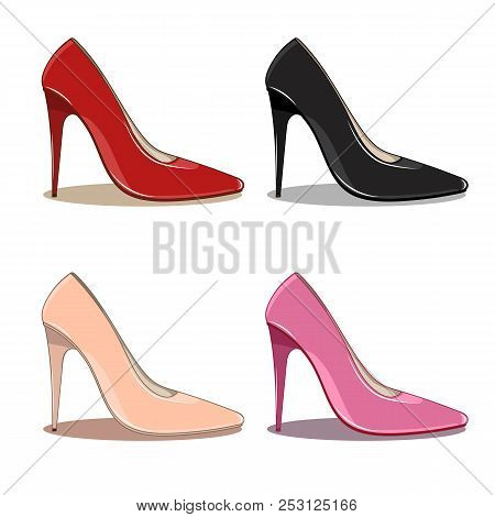Set Of 4 Female Fashionable Shoe, Assorted Colors - Red, Black, Pink, Beige. High Spike Heels, Point