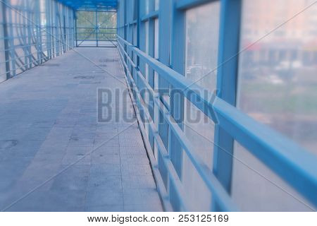 Elevated Pedestrian Crossing From The Inside. Safe Passage Across The Road.
