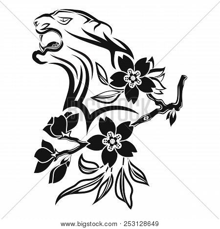 The Vector Image Of The Head Of A Tiger Against The Background Of An Oriental Cherry. Black Ethnic T