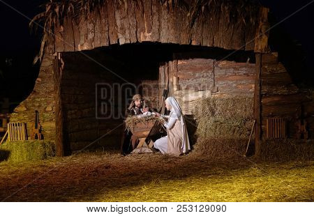 ZAGREB, CROATIA - DECEMBER 20, 2016: The religious spirit in the Advent in Zagreb especially can feel the front of the Cathedral, where Community Cenacolo organizes live Christmas nativity scene.