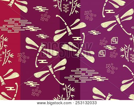 Beautiful Japanese Seamless  Pattern With Dragonfiles. Chinese, Japanese Elements.vector Unique Seam