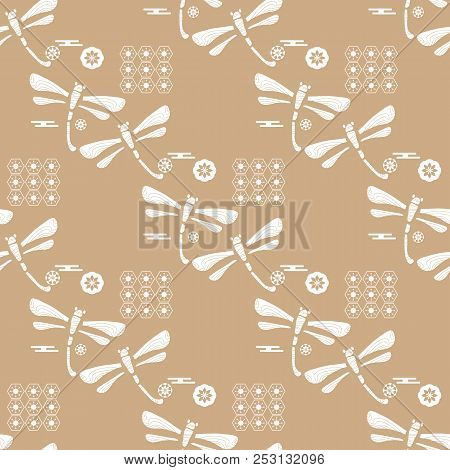 Beautiful Japanese Seamless  Pattern With Dragonfiles. Chinese, Japanese Elements.vector Unique Seam